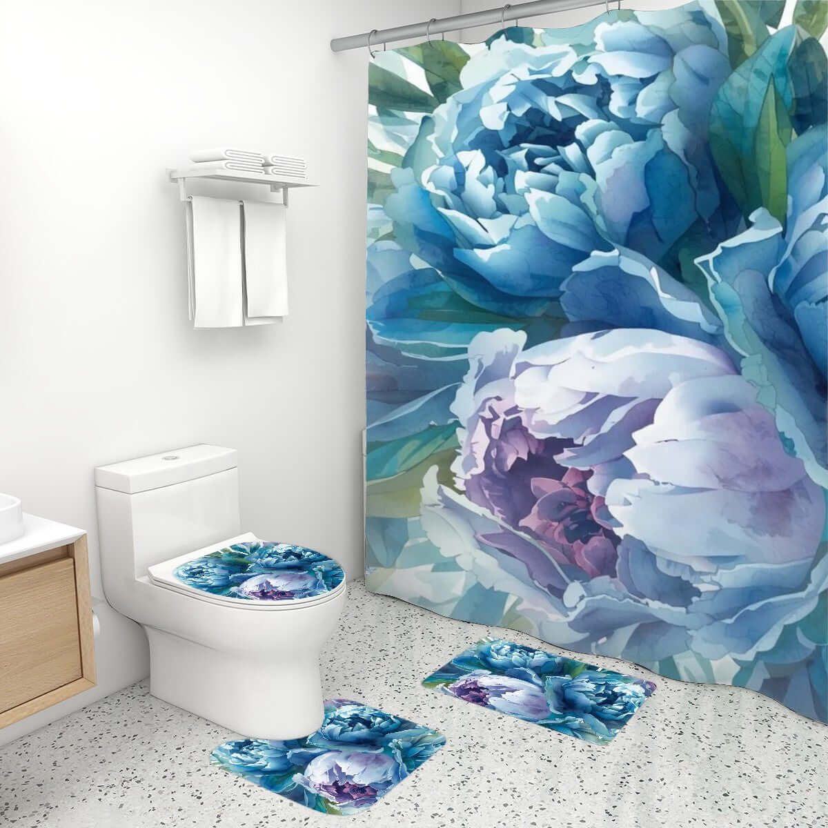 Badezimmerteppich-Set mit Duschvorhang, 4-teilig, florales Design, wasserabweisend, 72x72 Zoll Duschvorhang, Polyester-Material