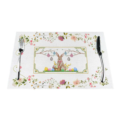 Tischset aus gewebtem PVC mit Blumenmuster und Osterhasen-Design, inklusiv Messer und Gabel, schützt vor Hitze und Kratzern, 18x12 Zoll.