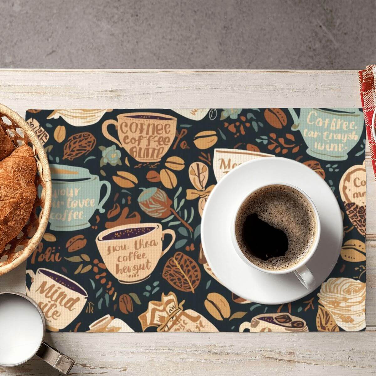 Doppellagige Tischsets aus Leinenimitat mit Kaffee-Motiv, Tischdecke mit Kaffeetasse, doppelseitiges Design, hitzebeständig bis 60°C.