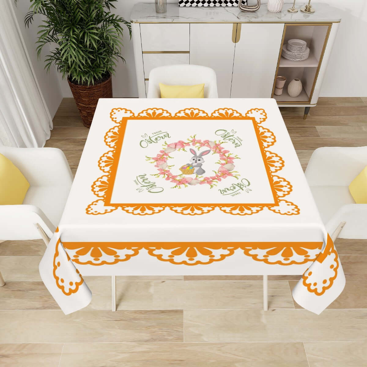 Quadratische Tischdecke Ostermotiv in Weiß und Orange, 54"x54", aus Polyester, einseitiger Sublimationsdruck, wasserabweisend.