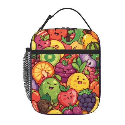 Lunchtasche mit ein schönes Design, Oxford-Stoff, bunte Früchte, verdickte Zwischenschichten, lebensmitteltaugliche PEVA-Beschichtung.