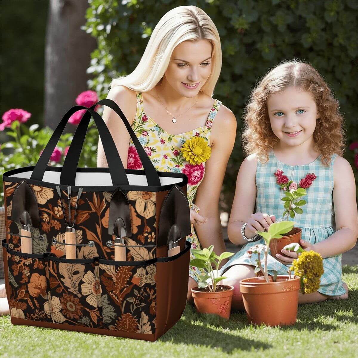 Gartengerätetasche aus Oxford-Stoff in einem Garten, umgeben von Blumen, neben einem lächelnden Kind und einer Frau, ideal für Gartenarbeit.