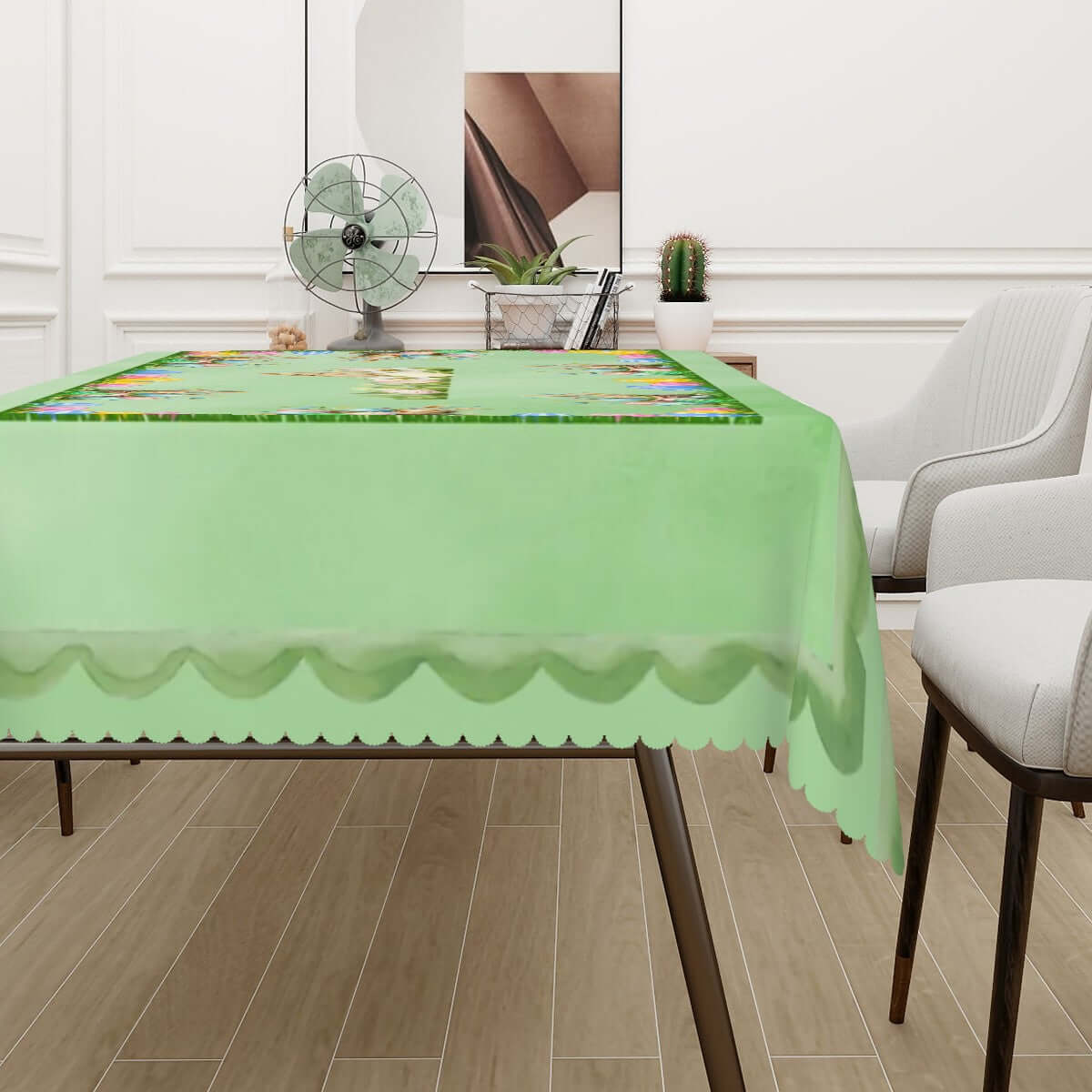 Rechteckige Tischdecke mit Wellenrand Ostermotiv auf einem Tisch, 72"x54" wasserfestes Polyester, ideal zum Dekorieren und Schützen.