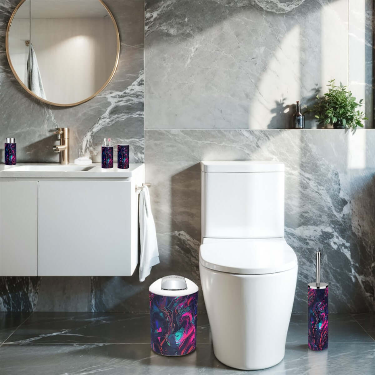 Modernes Badezimmer mit Badezimmer-Accessoires-Set, 5-teilig, aus Kunststoff; stilvolles Design und hochwertige Funktionalität.