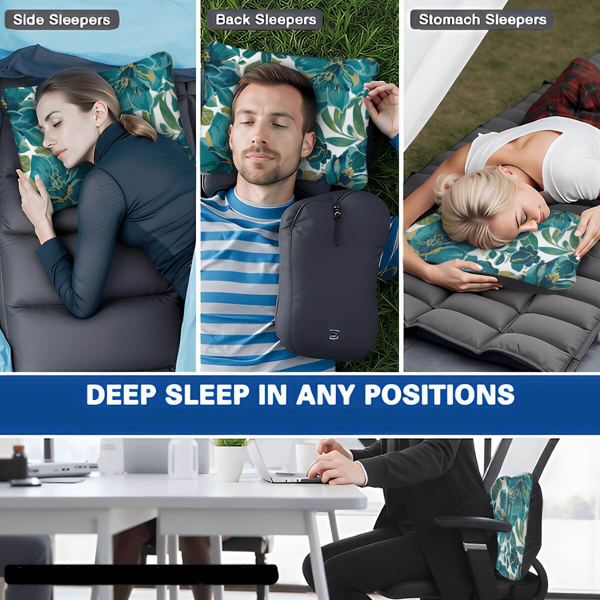 Aufblasbares Campingkissen, ideal für Seiten-, Rücken- und Bauchschläfer, für maximalen Komfort im Outdoor, hautfreundlich und langlebig.
