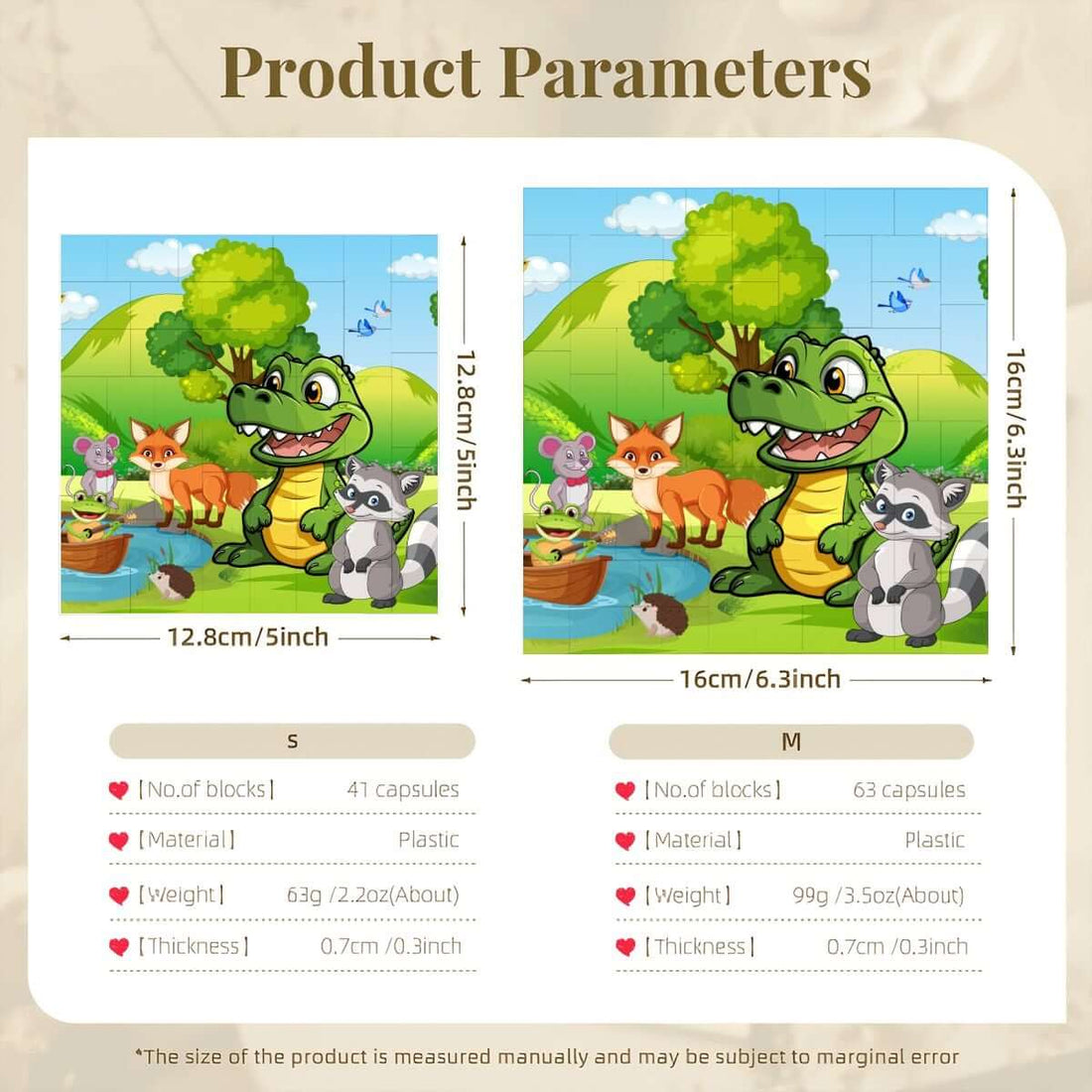 Quadratischer Bilderrahmen aus Bausteinen mit bunten Tiermotiven und Produktparametern.