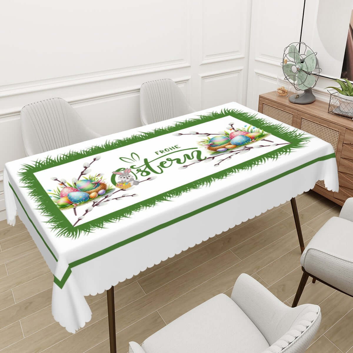 Rechteckige Tischdecke mit Wellenrand Ostermotiv, 100 % Polyester, 72"x54", einseitiger Druck, wasserdicht, schützend und dekorativ.