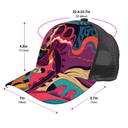 Baseballkappe aus Mesh (vollständiges Muster) mit buntem Design und Größenangaben, Polyester-Twill, bequem und atmungsaktiv, unisex.