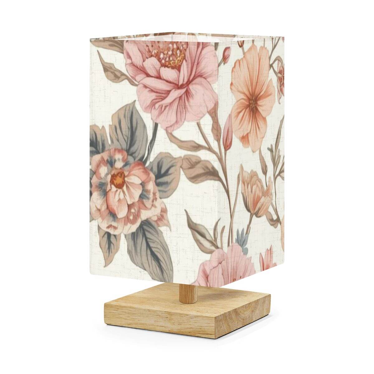 Quadratische Tischlampe mit floralem Print, Leinen + Gummiholz, 5,5"x5,5"x11,0", einseitigem UV-Druck, für gemütliche Atmosphäre.