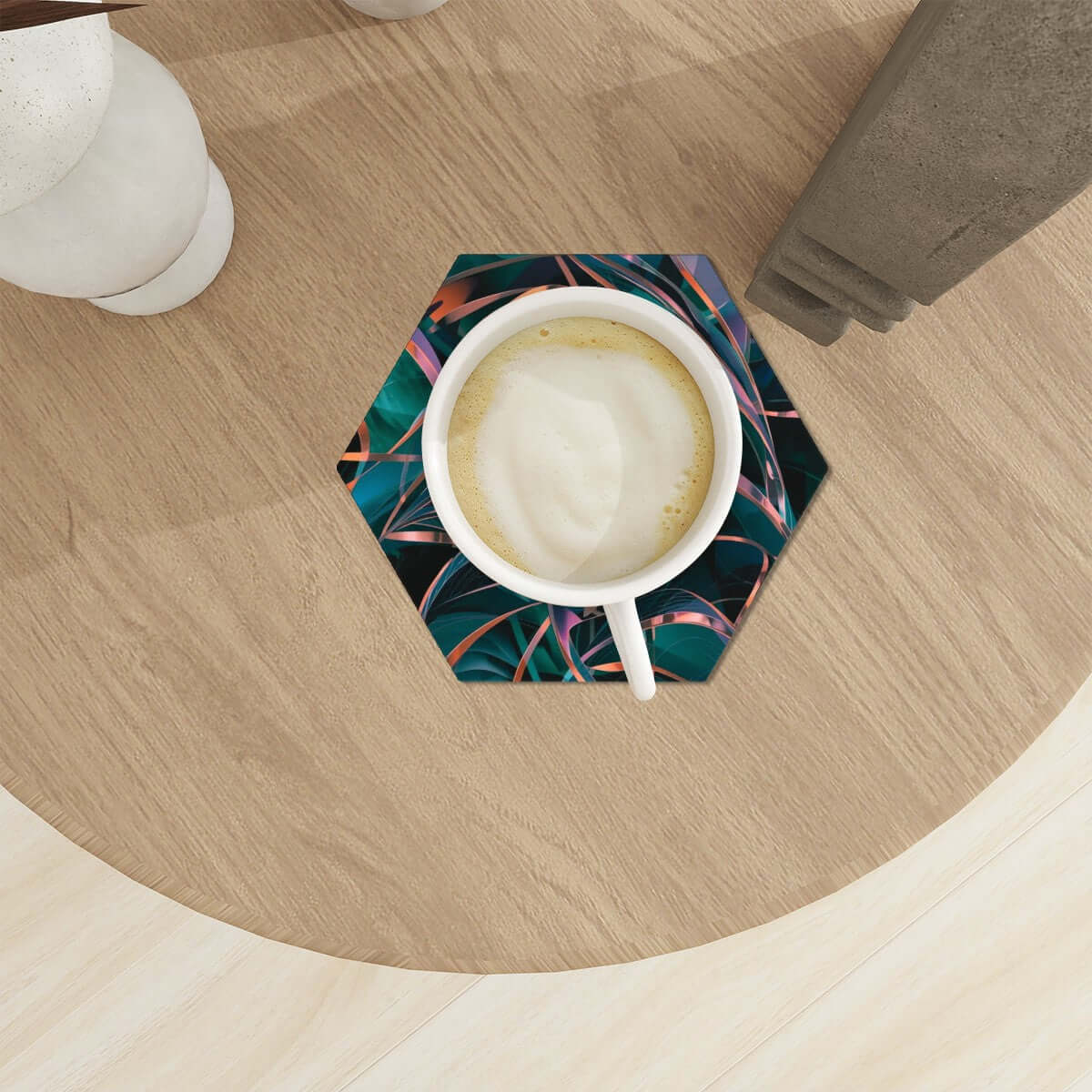 Sechseckige Keramikuntersetzer, 6er-Set mit Kaffeetasse auf bedrucktem Design, UV-Technik, umweltfreundlich und wasserabsorbierend