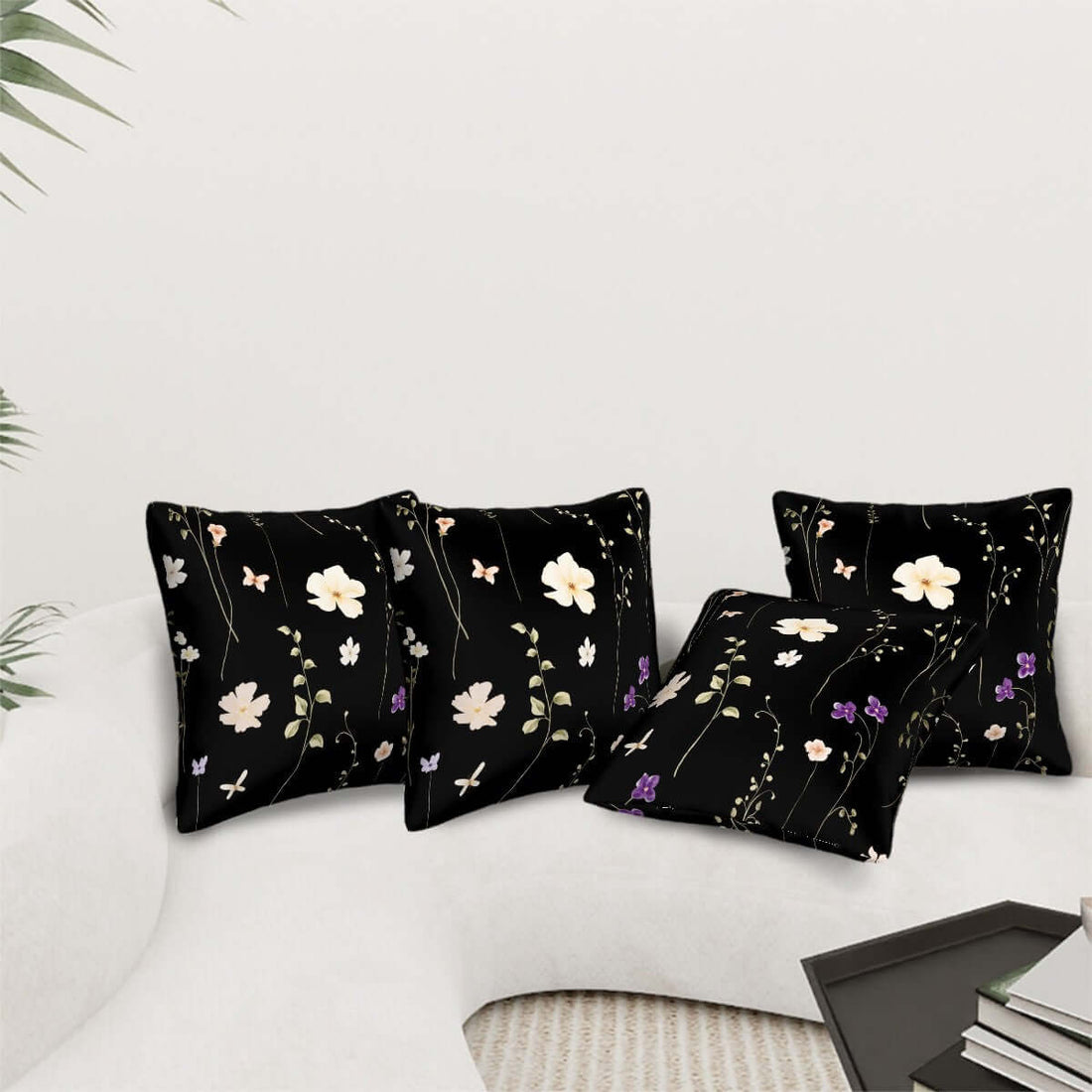 Ganzjahres-Kissenbezüge, 4er-Set aus Polyester mit floralen Designs auf einem Sofa, verschiedene Größen, weicher Stoff, unsichtbarer Reißverschluss.