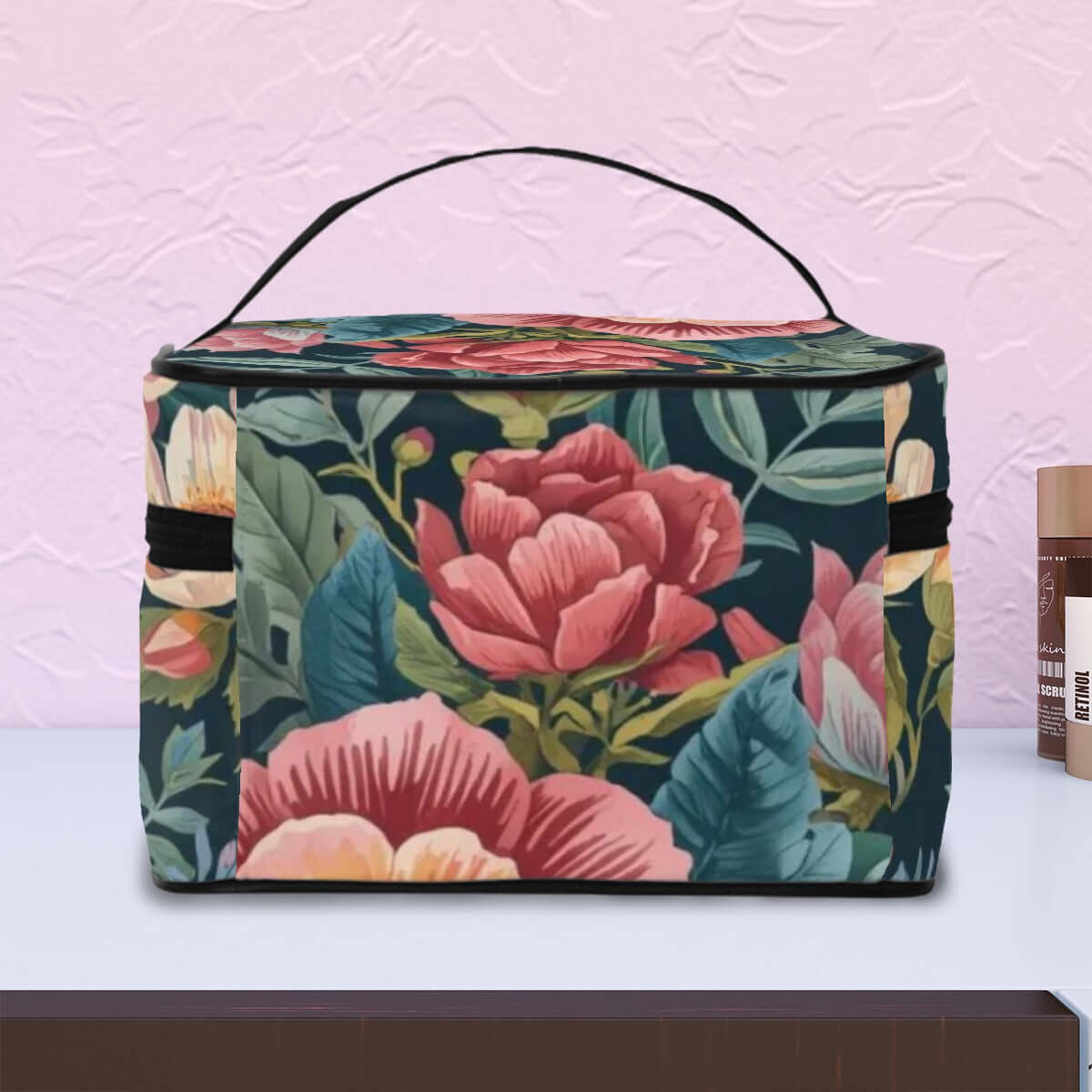Tragbare Reise-Kosmetiktasche aus Polyester mit floralem Design, elegantem Reißverschluss und großer Kapazität für Reisebedarf