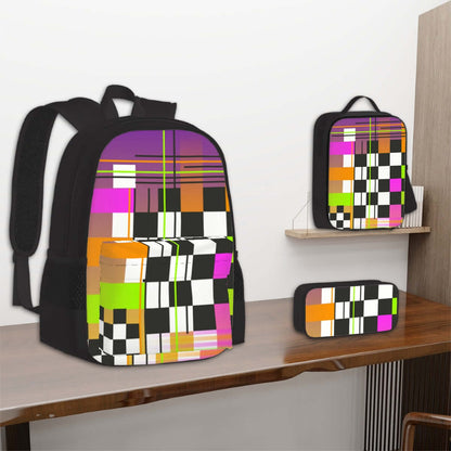 3er-Set Taschen (Oxford-Rucksack, Lunchtasche &amp; Federmäppchen) aus Oxford-Stoff mit farbigem Design auf Holzregal