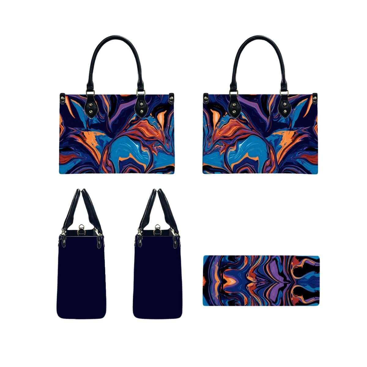 PU Tote Bag for Women with colorful UV printed patterns, black handles and interior. Details für PU-Tragetasche für Damen ansehen.