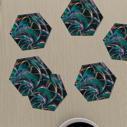 Sechseckige Keramikuntersetzer, 6er-Set, mit UV-Druck, platzsparend aufgestellt, hervorragende Wasseraufnahme, sicher und umweltfreundlich.