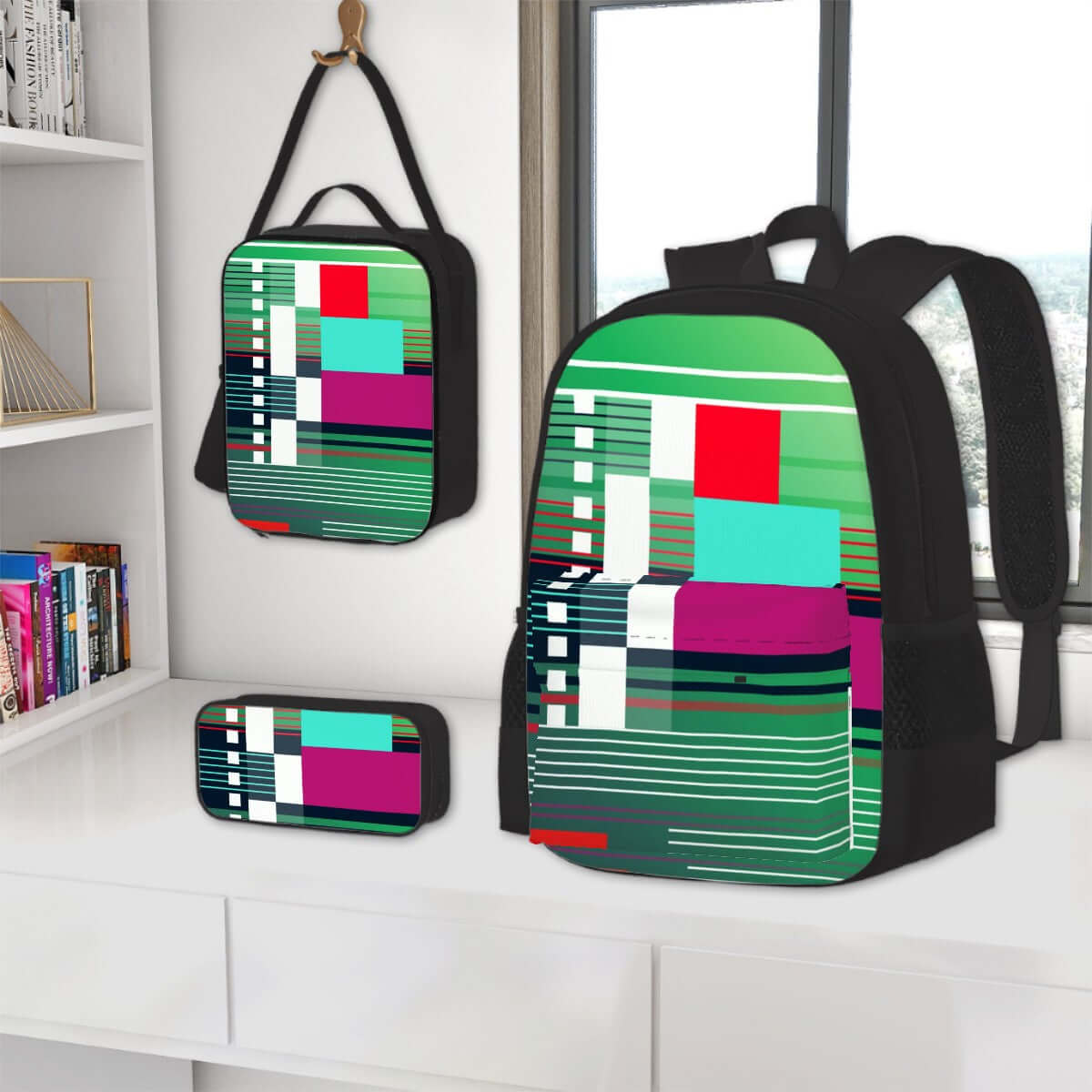 3er-Set Taschen (Oxford-Rucksack, Lunchtasche &amp; Federmäppchen) aus robustem Oxford-Stoff mit modernem farbigem Design, einseitiger Sublimationsdruck