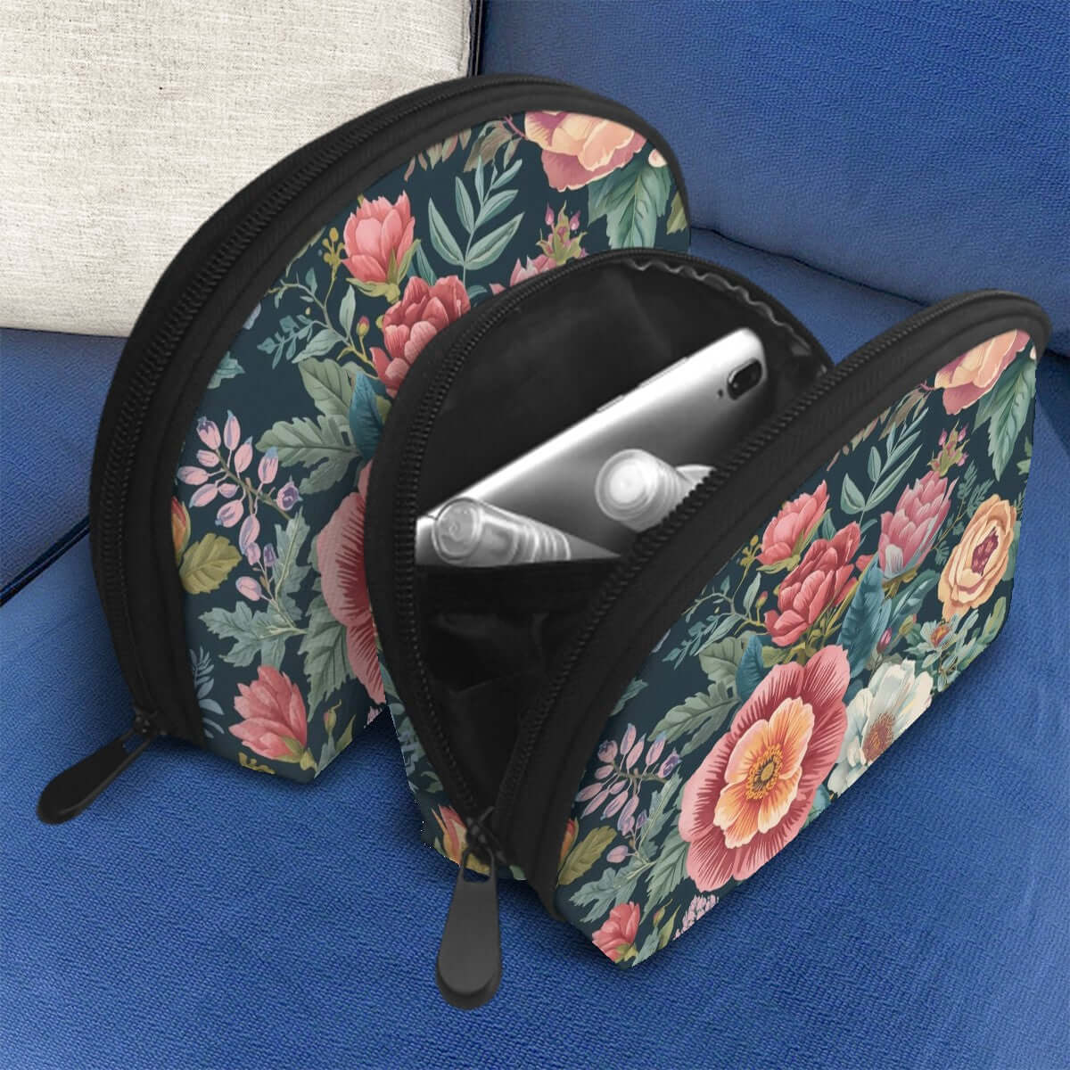 Aufbewahrungsbeutel-Set (2 Stück) aus Polyester mit Blumendesign, eine große und eine kleine Größe, enthalten Handy und Kosmetikartikel.