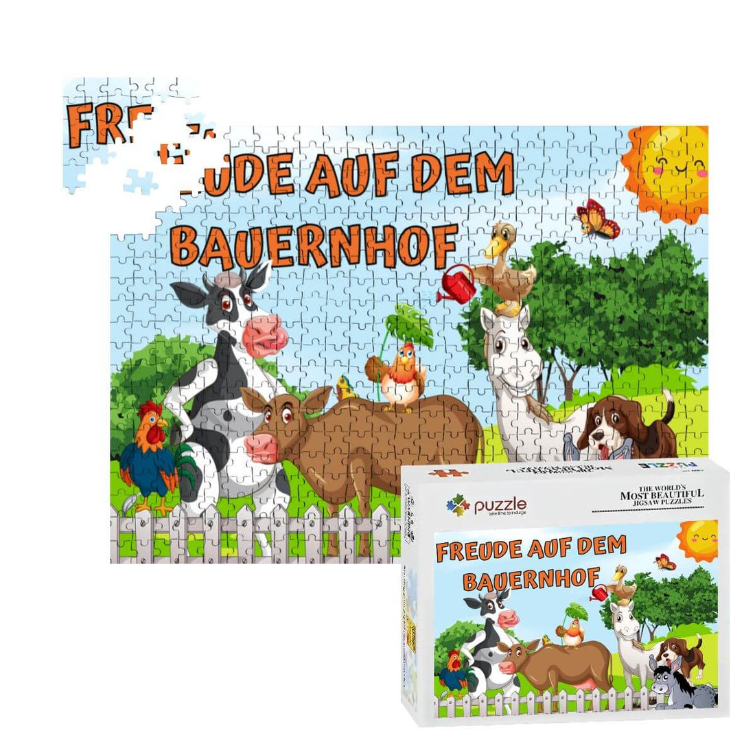 500-teiliges Holzpuzzle (horizontal) mit Bauernhofmotiven, zeigt Kühe und andere Tiere.