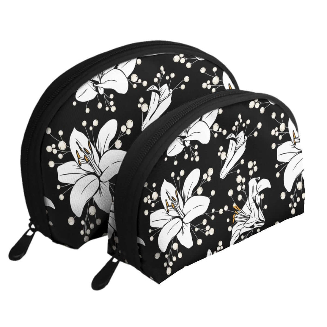 Aufbewahrungsbeutel-Set mit floralem Design, großes und kleines Set, Polyester, Sublimationsdruck, Reißverschluss, Schwarz, Weiß, Blumenmuster