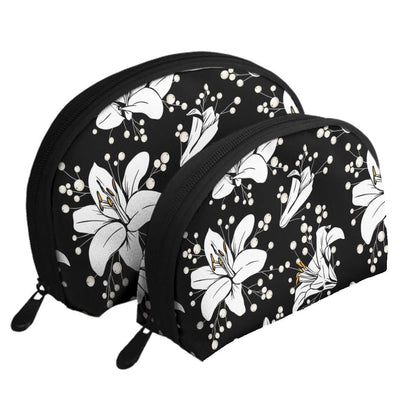 Aufbewahrungsbeutel-Set mit floralem Design, großes und kleines Set, Polyester, Sublimationsdruck, Reißverschluss, Schwarz, Weiß, Blumenmuster