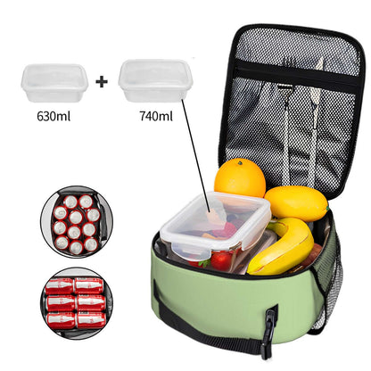 Lunchtasche mit Obst und Behältern, Oxford-Stoff, lebensmitteltaugliche PEVA-Beschichtung, Fokus auf schönem Design.