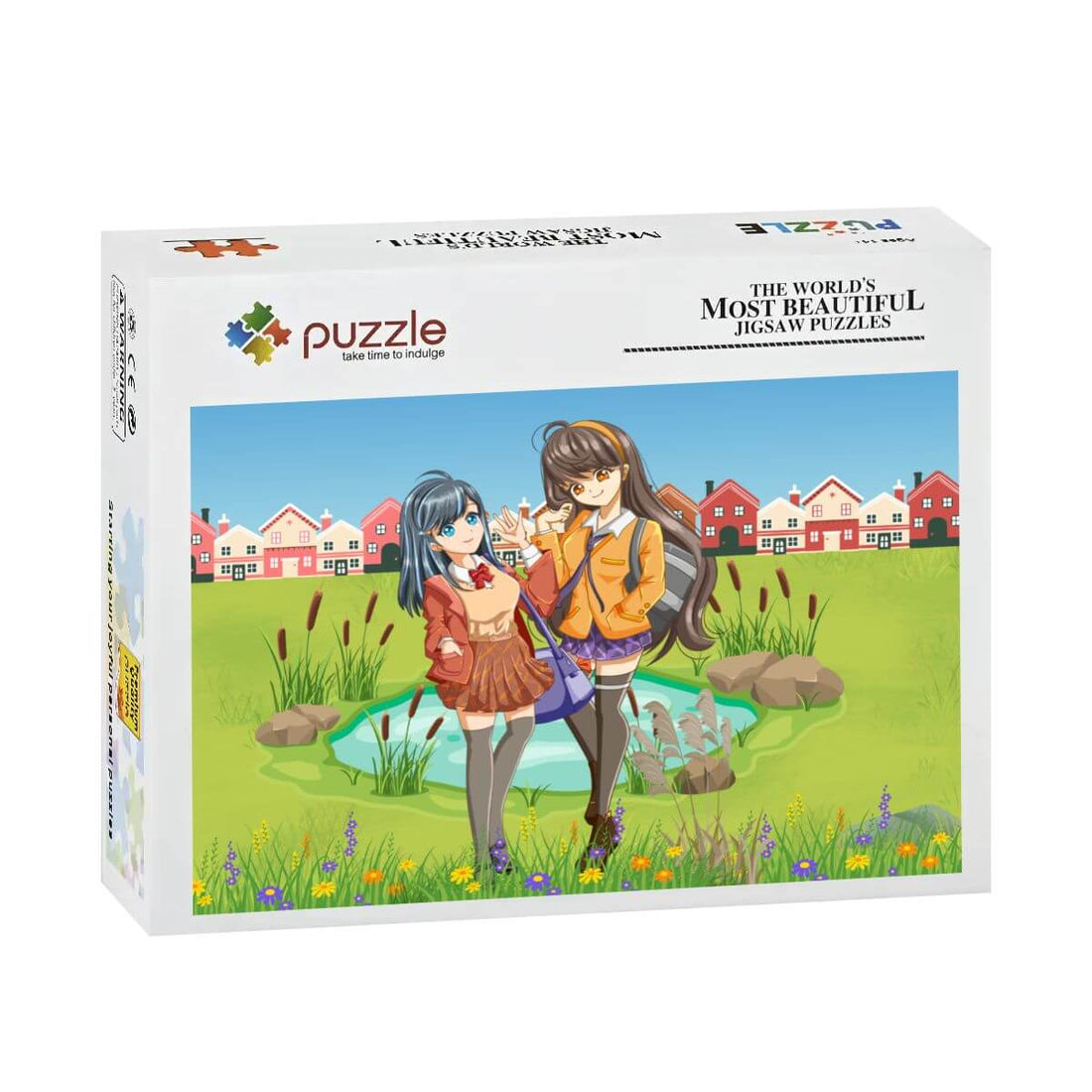 500-teiliges Holzpuzzle (horizontal) in schöner Verpackung mit zwei jungen Frauen in einem parkähnlichen Umfeld.