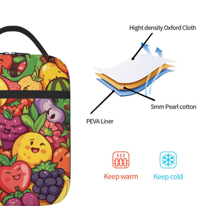 Lunchtasche mit ein schönes Design aus Oxford-Stoff mit PEVA-Beschichtung, hält Essen warm oder kalt, bunte Fruchtmuster.