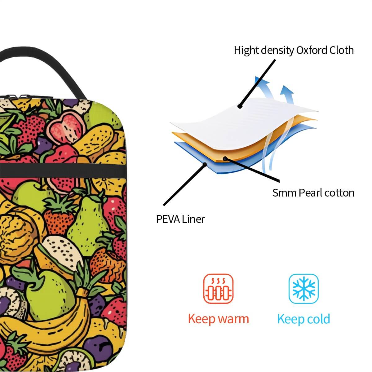 Lunchtasche mit Design, Oxford-Stoff, PEVA-Beschichtung, hält warm und kalt, isolierte Tasche mit Früchte-Druck, 5mm Perlenwatte.