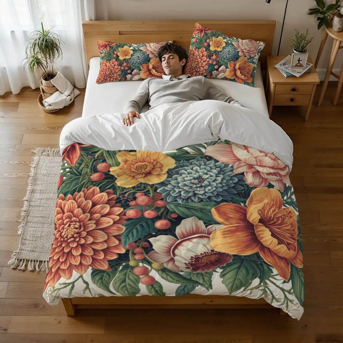 Komplettes Bettwäscheset mit floralem Design, enthält Bettbezug und Kissenbezüge, aus 90GSM Polyester für ultimativen Komfort.