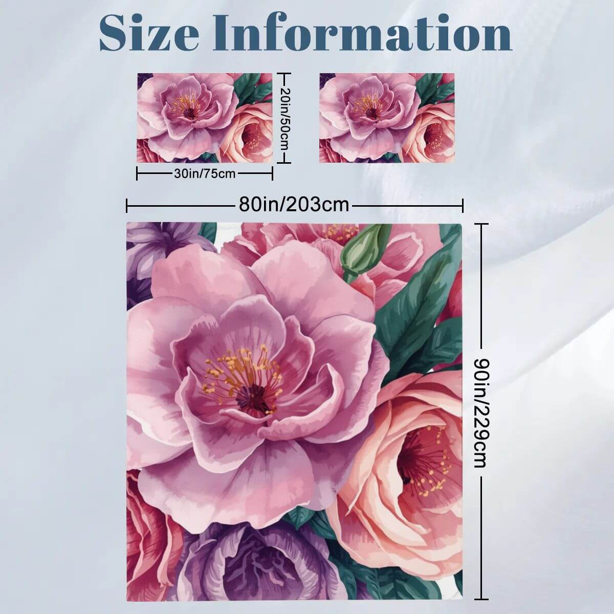 Größentabelle für Komplettes Bettwäscheset mit rosa Blumenmuster, Bettbezug 80x90 Zoll, Kissenbezüge 30x20 Zoll, Polyester.