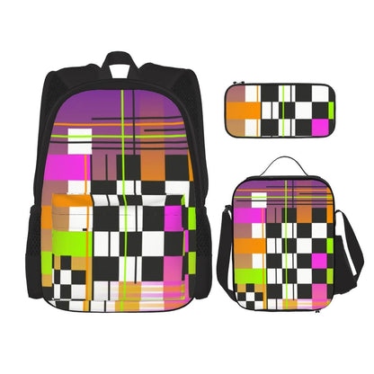 3er-Set Taschen (Oxford-Rucksack, Lunchtasche &amp; Federmäppchen) aus Oxford-Stoff mit buntem Rechteckmuster, einseitiger Sublimationsdruck.