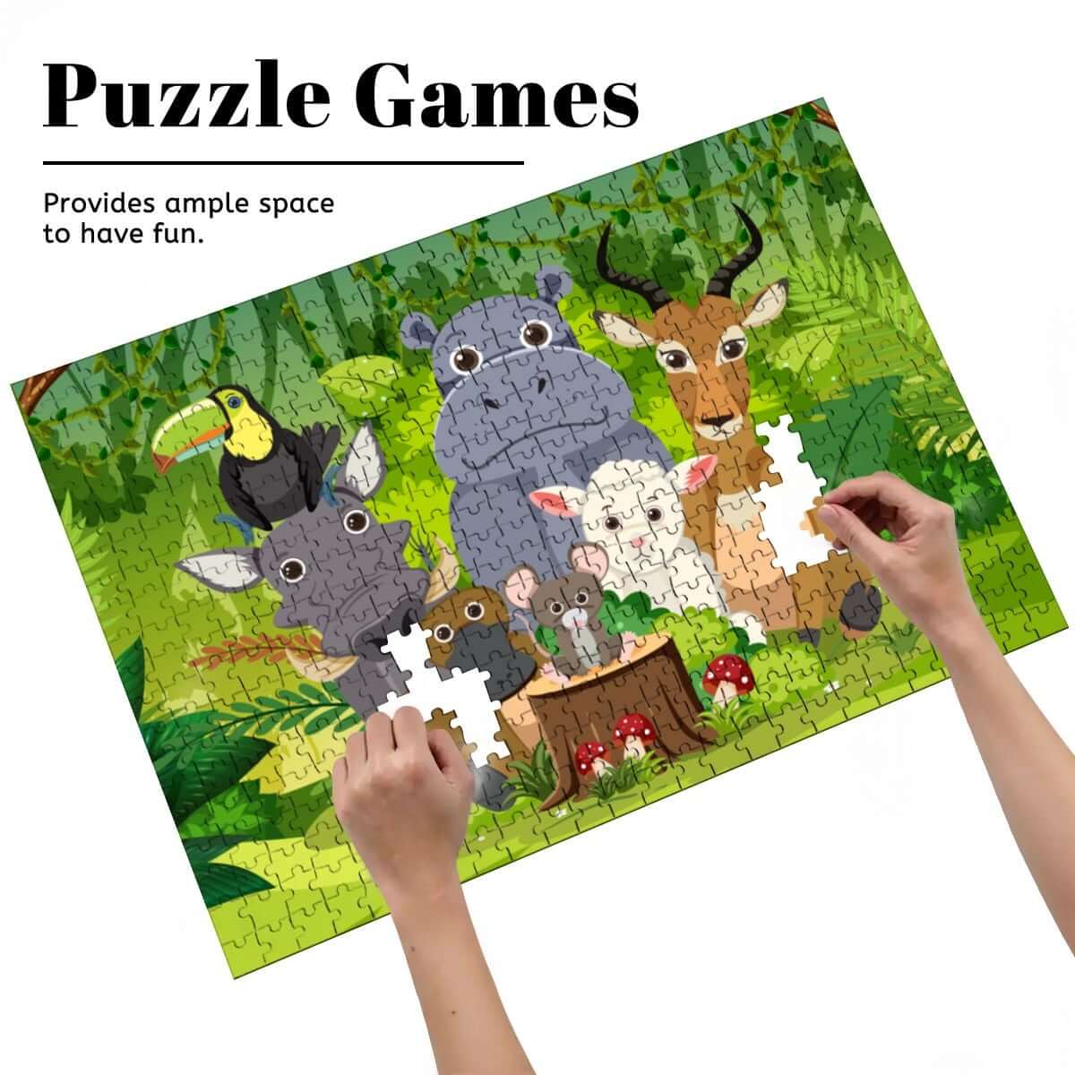 500-teiliges Holzpuzzle (horizontal) mit Tieren in einer bunten Dschungelszene, perfektes Puzzelerlebnis.