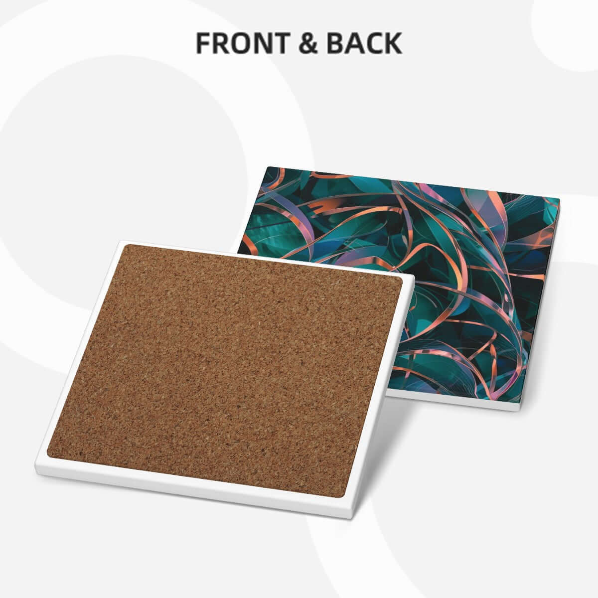 Vorder- und Rückansicht von quadratische Keramikuntersetzer, 6 Stück, mit einseitigem UV-Druck und umweltfreundlichem Material.