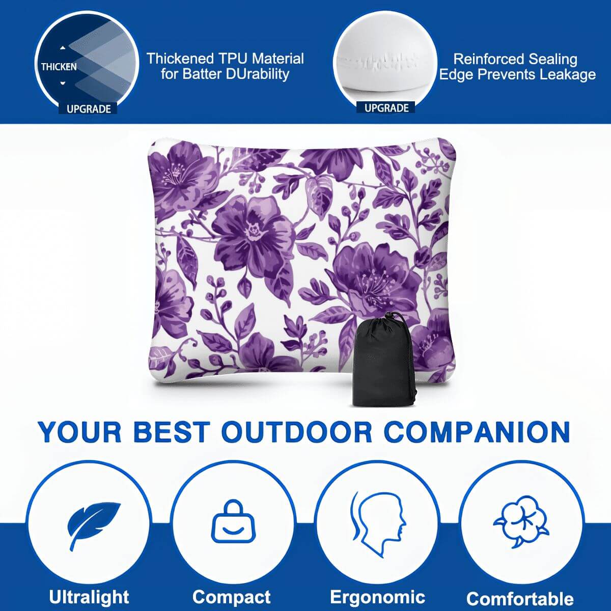 Aufblasbares Campingkissen mit lila Blumenmuster, leicht, kompakt, hautfreundlich, geeignet für Outdoor-Aktivitäten