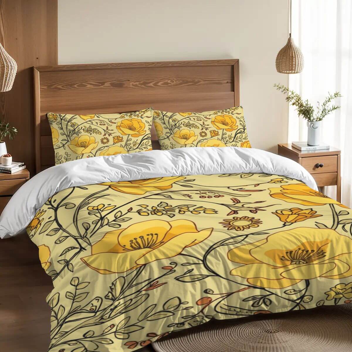 Komplettes Bettwäscheset aus atmungsaktivem Polyester mit gelbem Blumenmuster. Enthält 80"x90" Bettbezug, zwei 30"x20" Kissenbezüge.