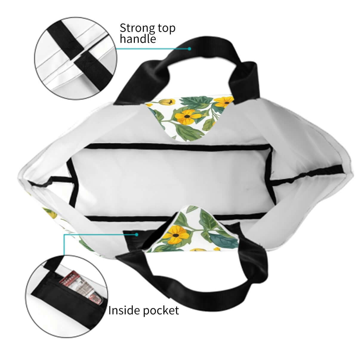 Top view of Große Schultertasche für Damen showing interior with floral design, strong top handle, and inside pocket details.