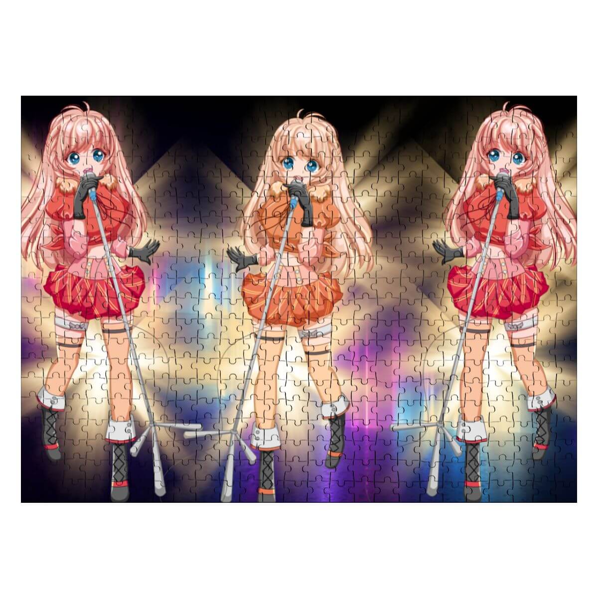 500-teiliges Holzpuzzle (horizontal) mit Anime-Mädchen in verschiedenen Outfits und Mikrofonen.