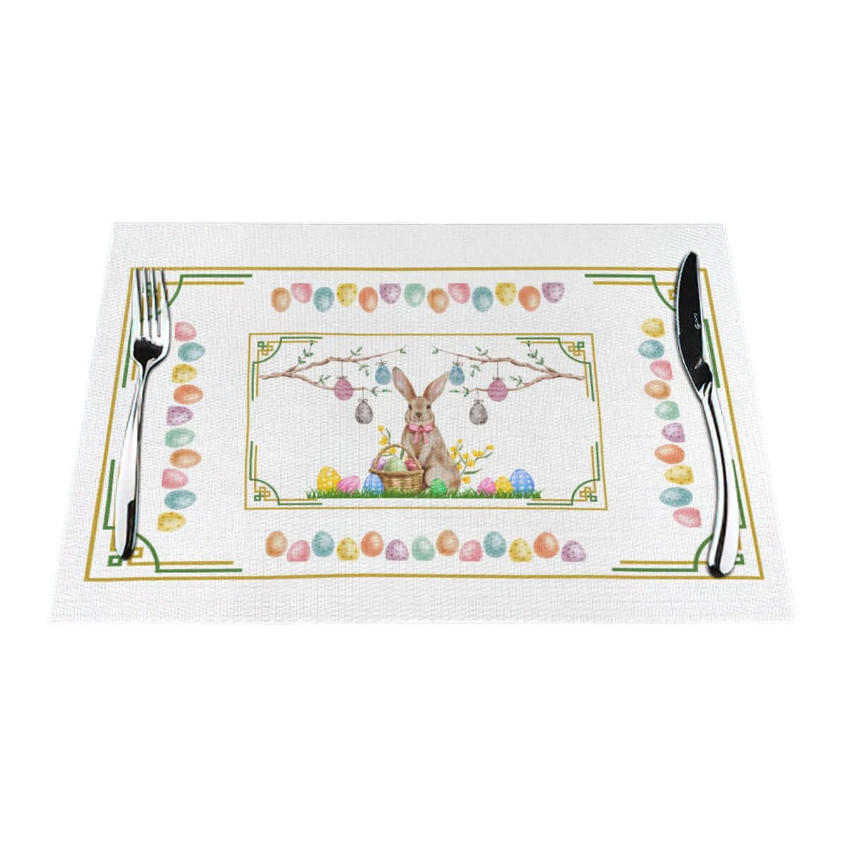 Tischset aus gewebtem PVC mit Osterhasen-Design und bunten Eiern, hitzebeständig bis 80°C, kratz- und fleckenresistent.