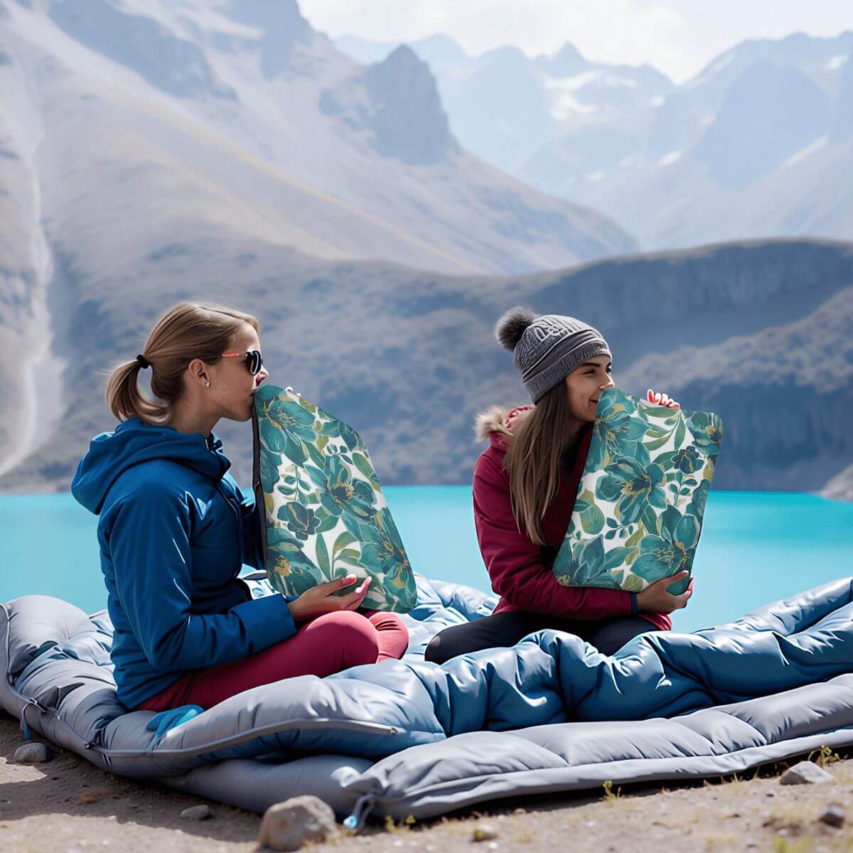Zwei Personen verwenden aufblasbares Campingkissen am Bergsee, genießen Komfort im Freien.