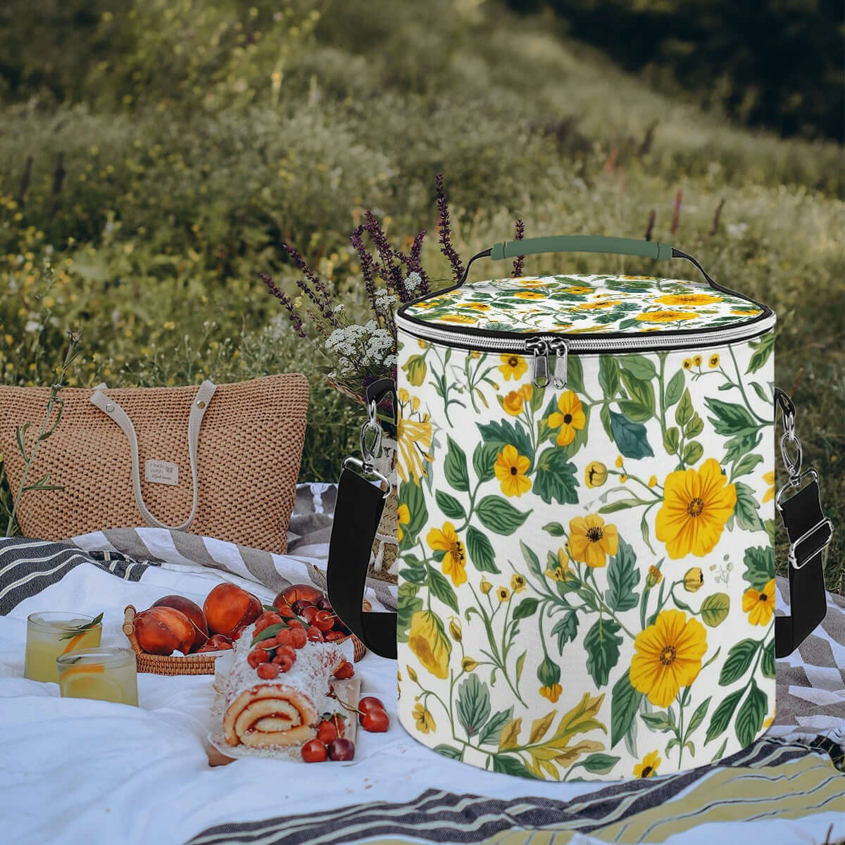 Camping-Kühltasche mit Blumenmuster, tragbar, isoliert und wasserdicht aus Polyester. Perfekt für Picknicks und Ausflüge.