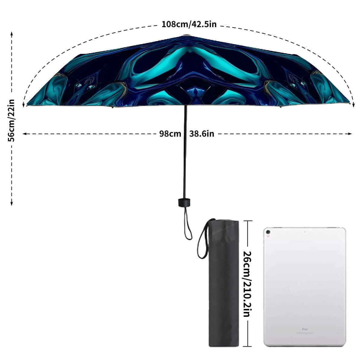 Größendiagramm des UV-Schutz-Regenschirms mit Sublimationsdruck und windfester Struktur. Details für UV-Schutz-Regenschirm ansehen.
