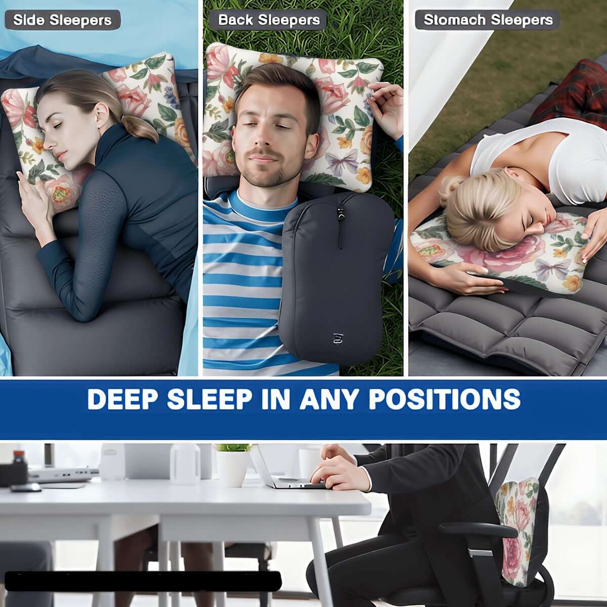 Aufblasbares Campingkissen für Rücken-, Seiten- und Bauchschläfer, ideal für tiefen Schlaf in jeder Position, tragbar und bequem