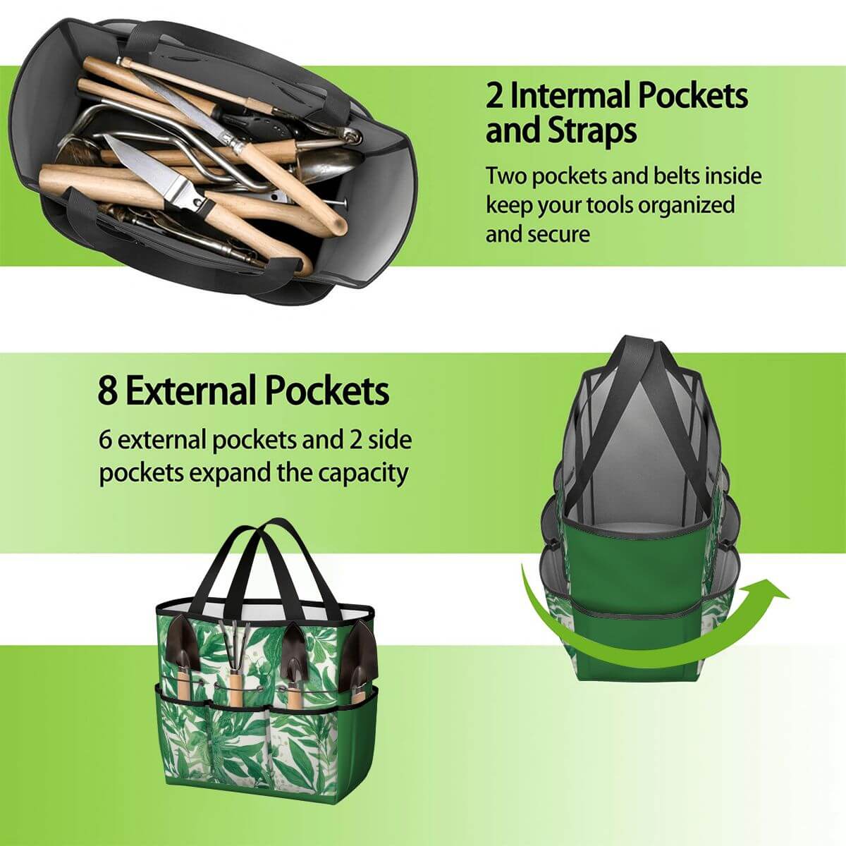 Gartengerätetasche aus Oxford-Stoff mit 8 externen und 2 internen Taschen für organisiert und sicheren Transport von Gartengeräten
