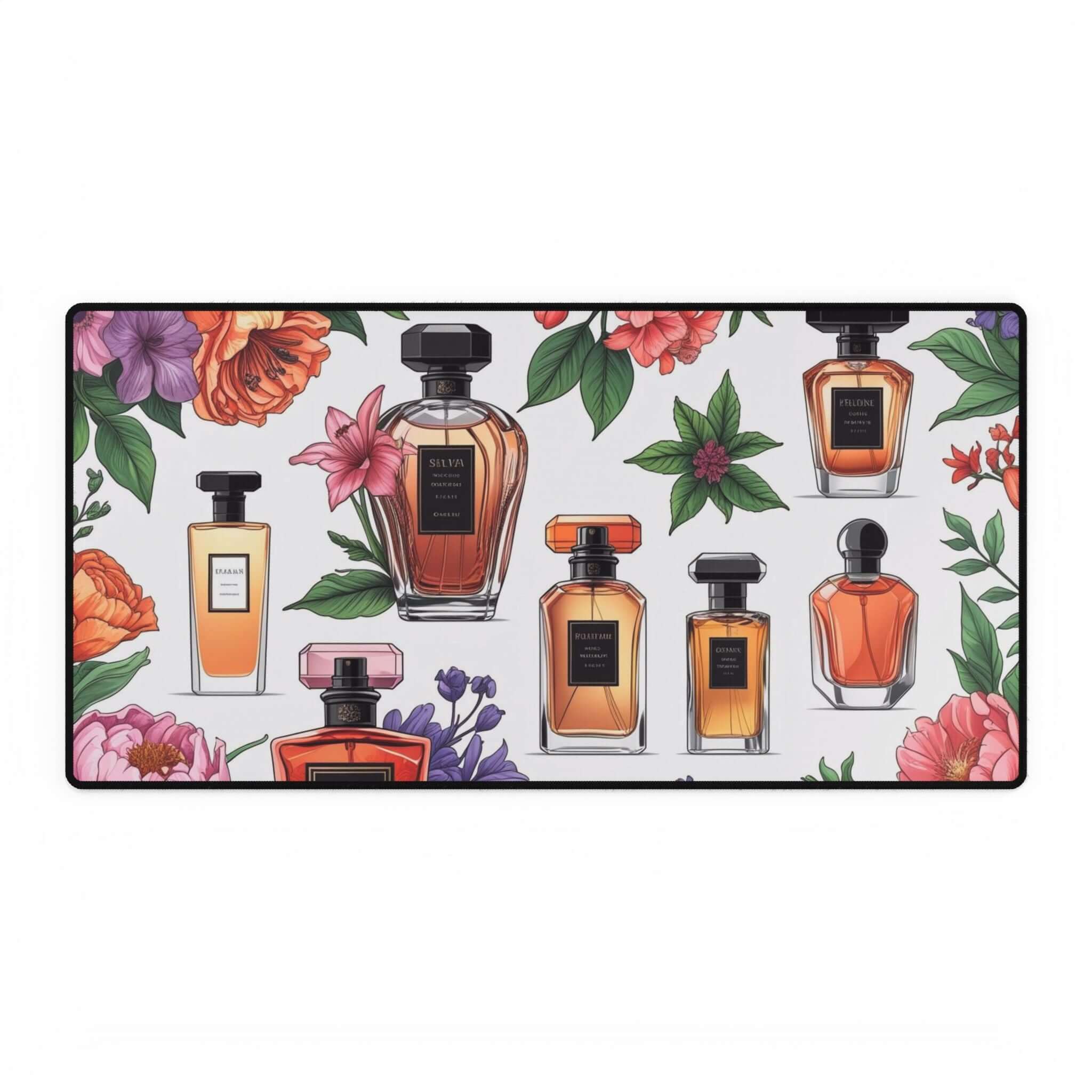 Florale Parfüm Schreibtischmatte Elegantes Bürodekor mit buntem Blumenmuster und Parfümflaschen, perfekte Schreibtischunterlagen.
