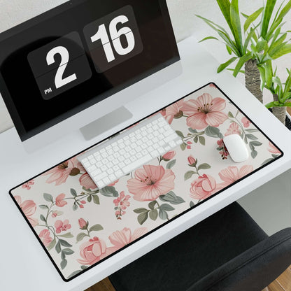 Florale elegante Schreibtischunterlagen mit Blumenmuster auf einem modernen Schreibtisch mit Computer und Pflanzen