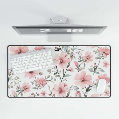 Florale und klassische Schreibtischunterlagen mit Blumenmuster, Computerbildschirm und Tastatur samt Maus auf Schreibtisch.