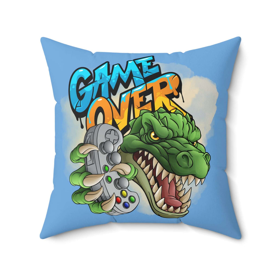 Game Over Dinosaurier Kissen, Gamer Dekor mit Controller und Dinosaurier-Design auf blauem Hintergrund.