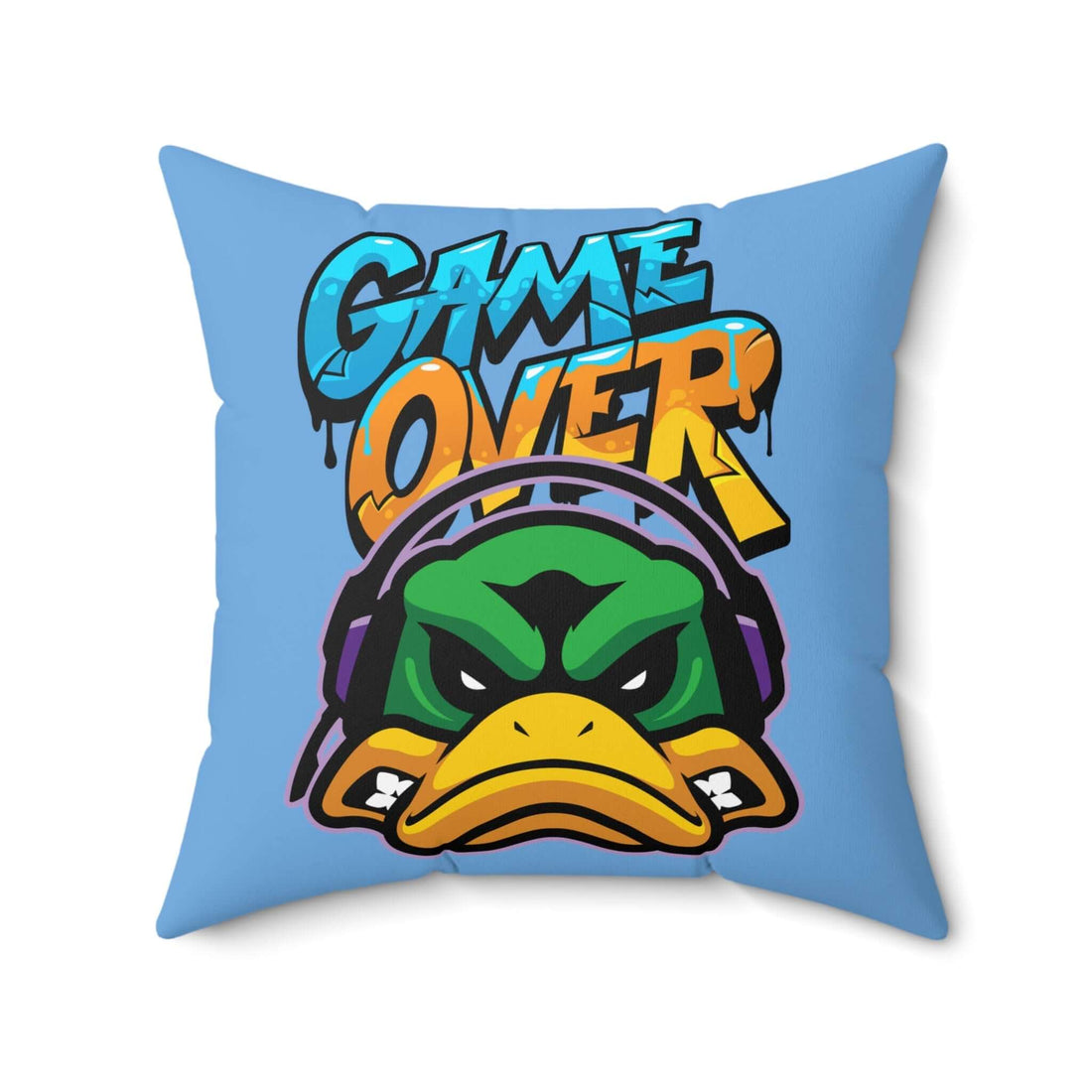 Gaming-Ente Quadratisches Kissen, Game Over Dekor, blaues Kissen mit Grafikdesign eines wütenden Entenkopfes und "Game Over" Schriftzug.