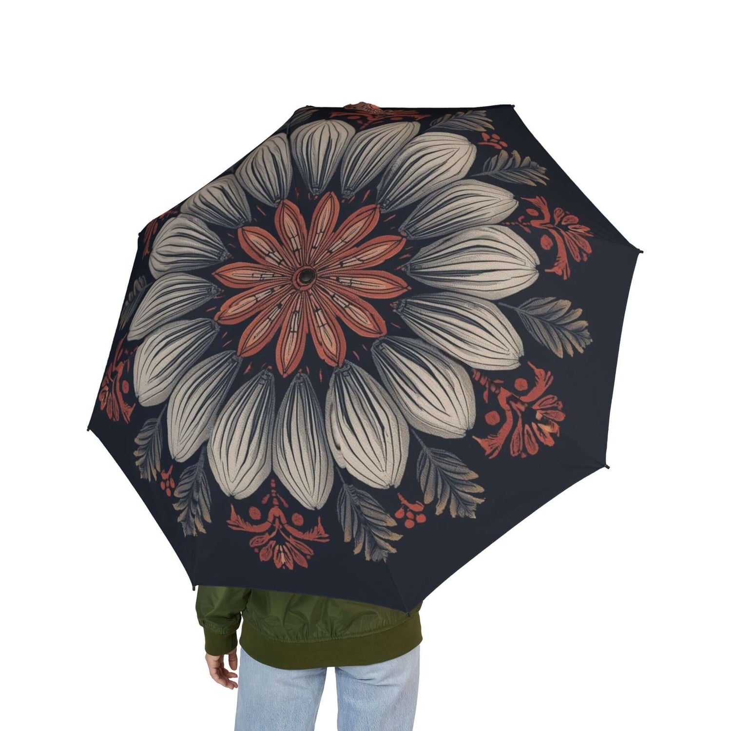 Halbautomatischer Falt- Regenschirm mit floralem Design - Design-Familientruhe