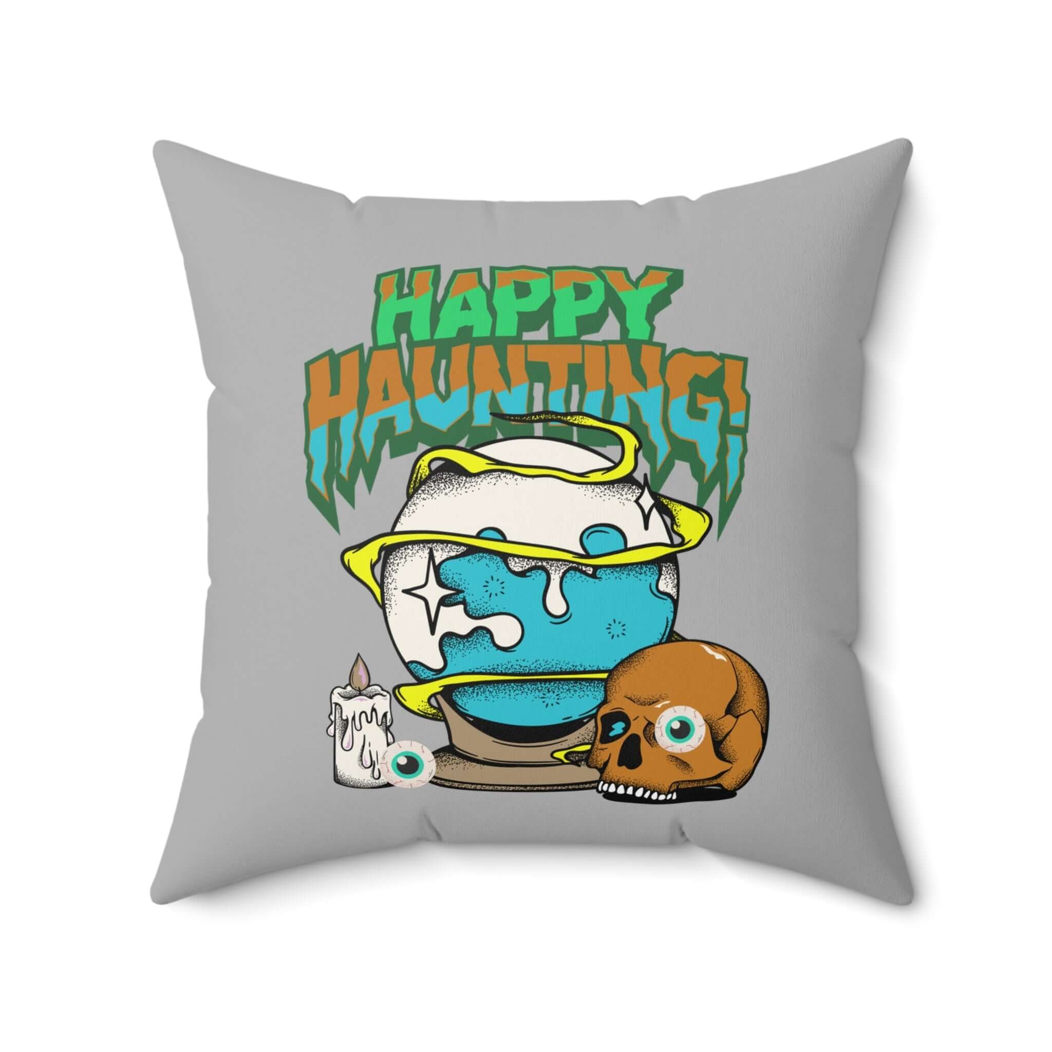 Halloween Dekokissen, Happy Haunting Wohndekor mit verspieltem Design und lebendigen Farben, perfekt für gemütliche Herbstnächte.